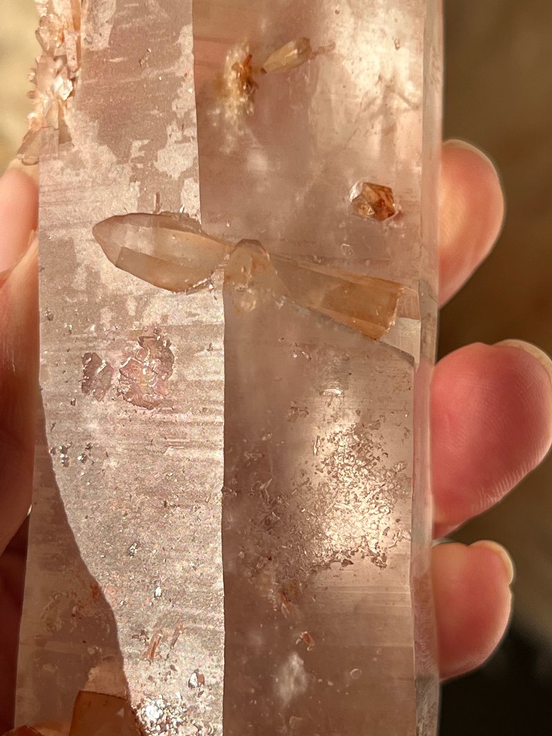 RARE PINK LEMURIAN CRYSTAL- SELF HEALED WITH HEMATITE INCLUSIONS